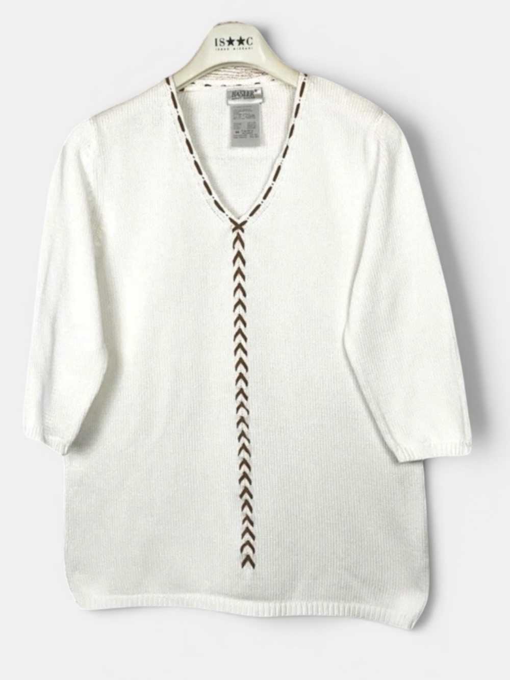 NWOT BASLER Cotton V-neck Suede Trim Sweater Top